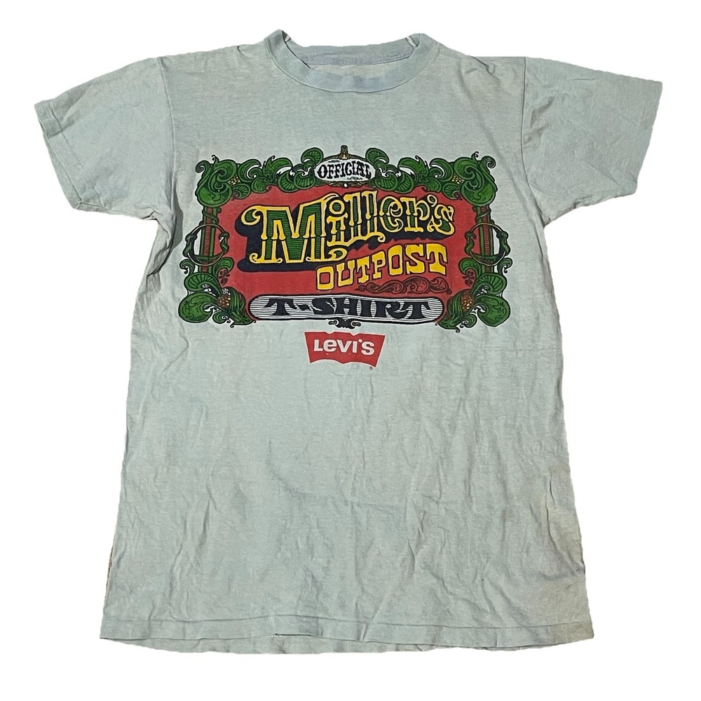 Vintage‎ 70s Levis Millers Outpost Graphic Tee T-shirt Large Blue Double Sides